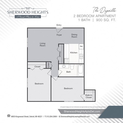 Floor plan for 2 beds, 1 bath, 900 sqft